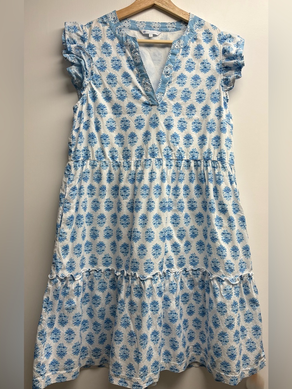 Southern Tide Womens Small Margot Tiered Ruffle Sleeve Dress Blue Print